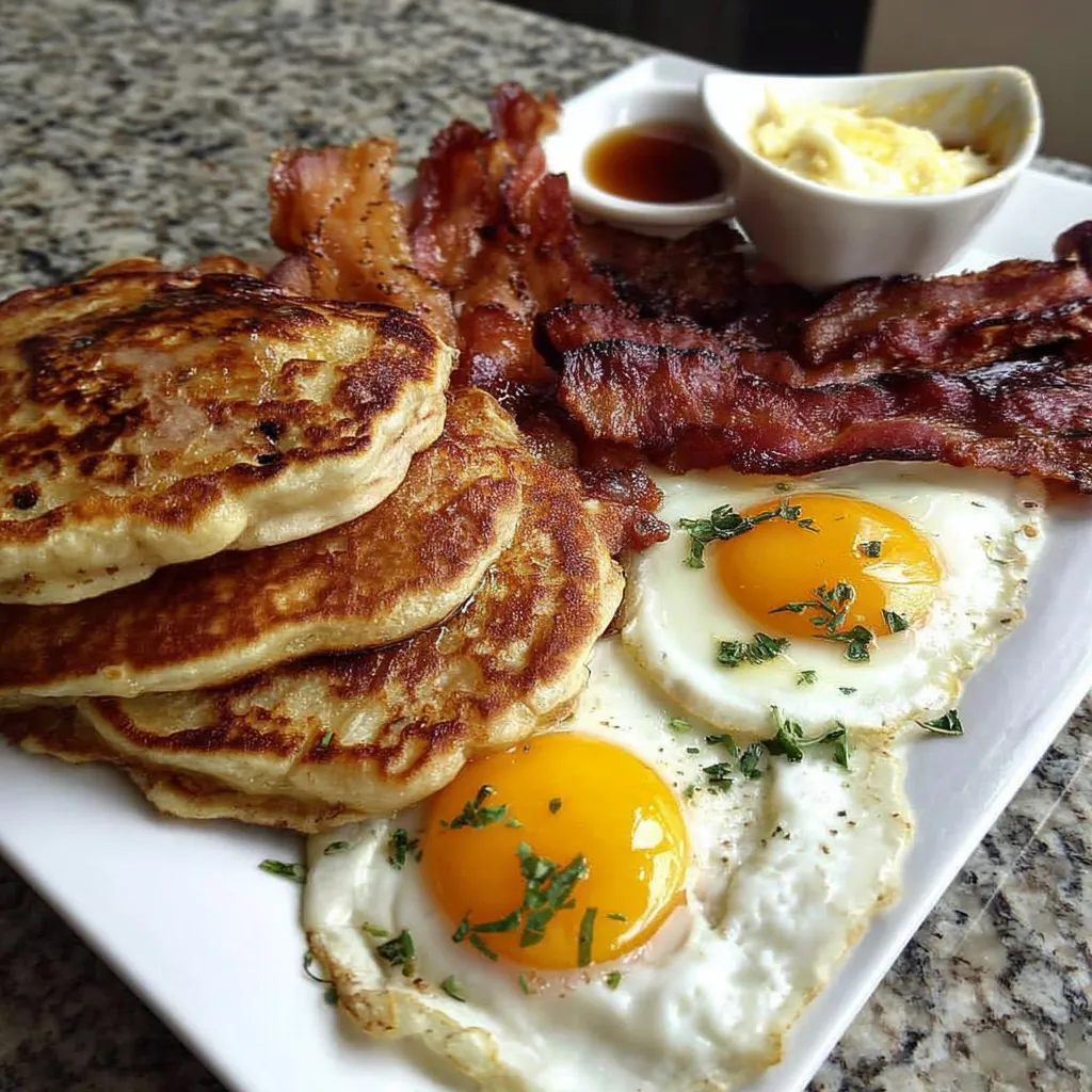 A plate of food with eggs, bacon, and hash browns.