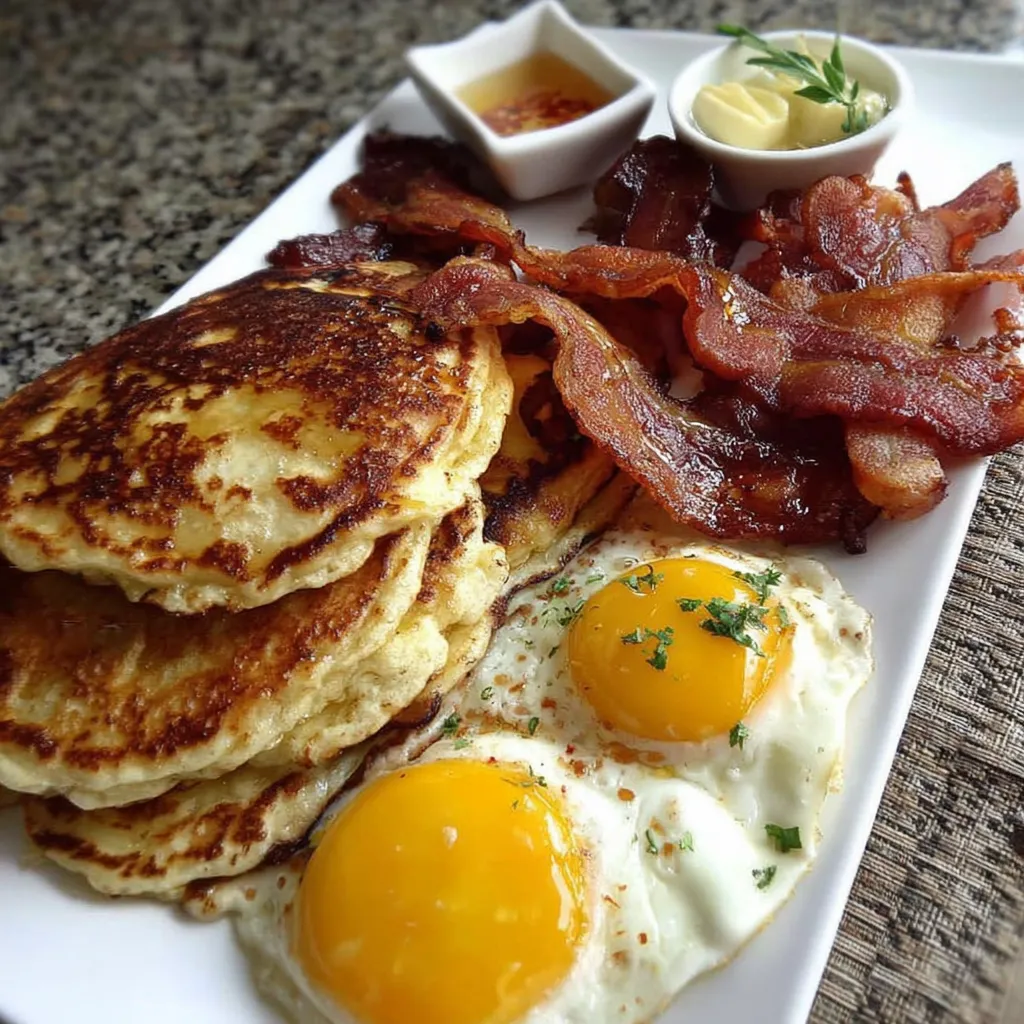 A plate of food with eggs, bacon, and pancakes.