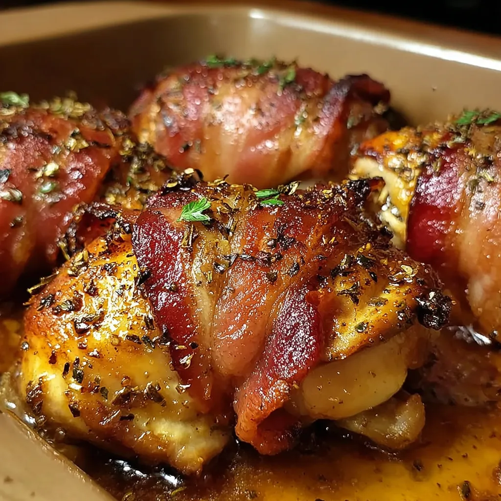 A plate of chicken with bacon wrapped around it.
