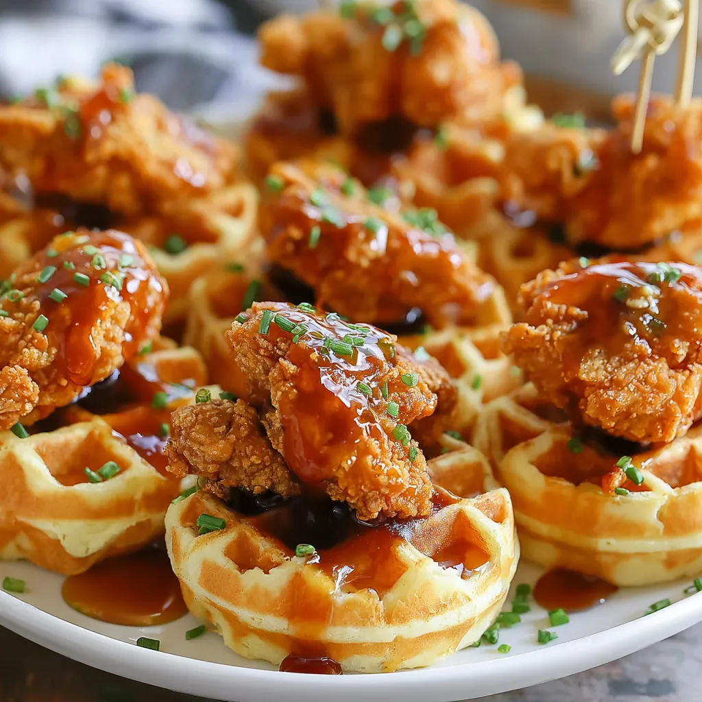 A plate of mini chicken and waffles bites with hot honey.