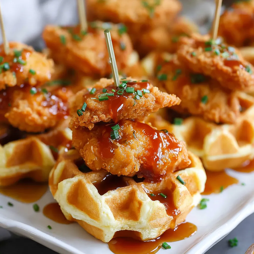 A plate of mini chicken and waffles bites with hot honey.