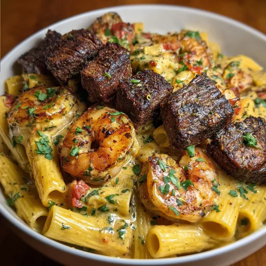 A bowl of food with shrimp and meat.
