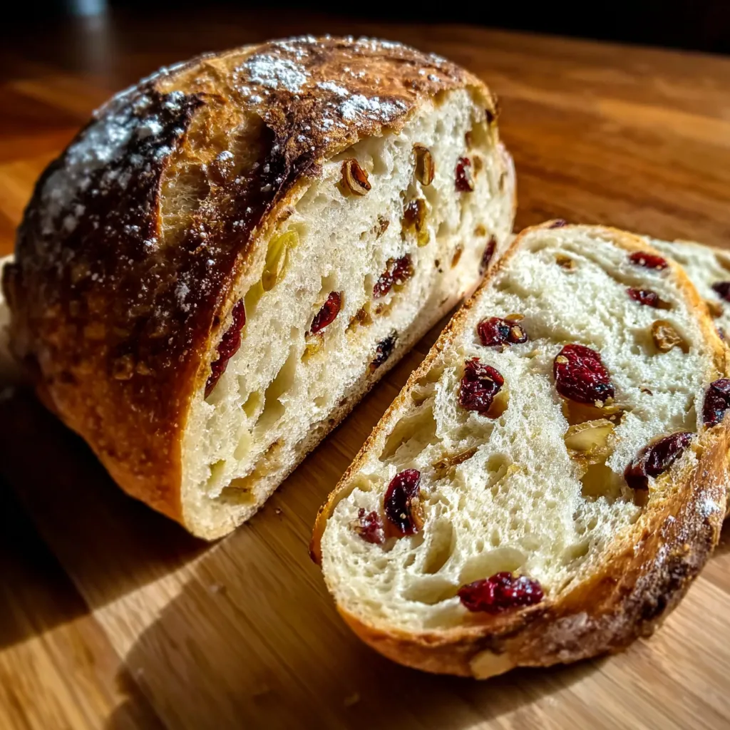 A slice of cranberry raisin walnut cinnamon artisan bread.