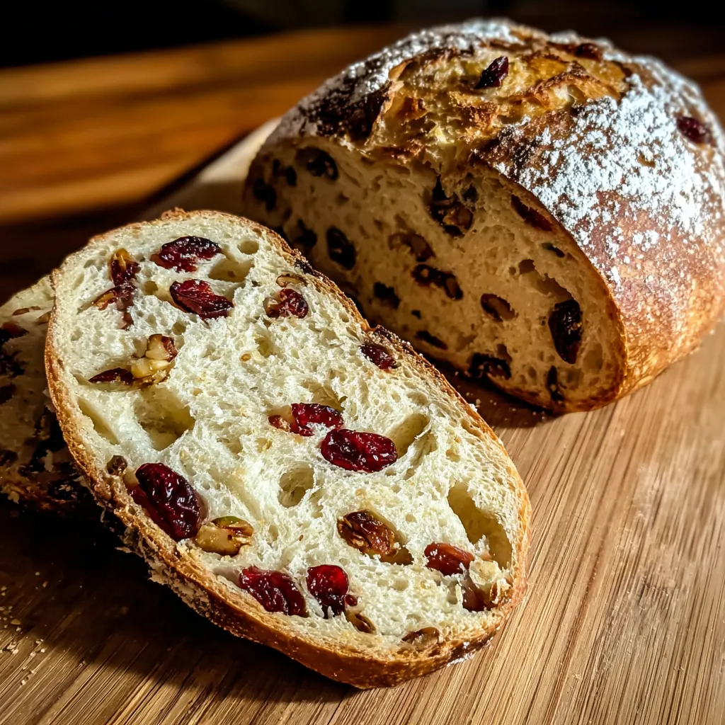 A slice of cranberry raisin walnut cinnamon artisan bread.