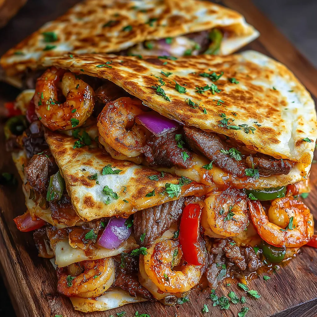 A stack of loaded steak and shrimp quesadillas.