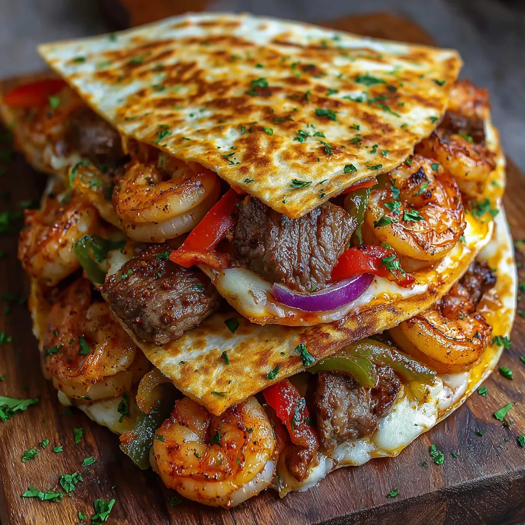 A stack of loaded steak and shrimp quesadillas.