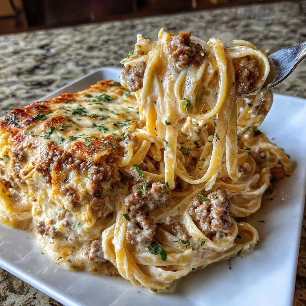 A plate of ground beef linguine in garlic cream sauce.