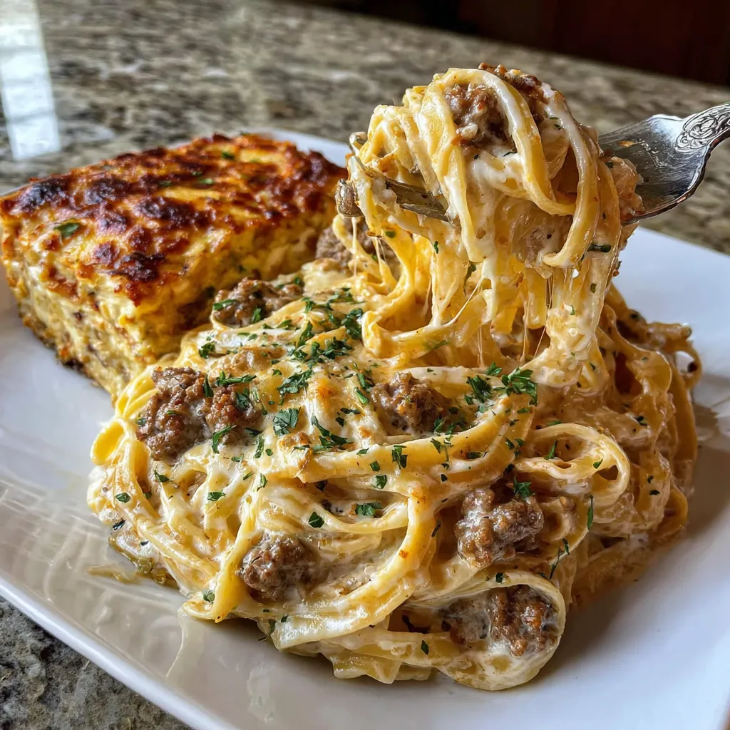 A plate of ground beef linguine in garlic cream sauce.
