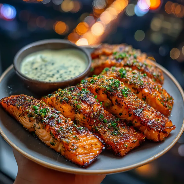 A plate of crispy salmon strips with herb tartar dip.