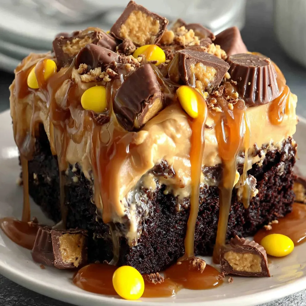 A chocolate peanut butter poke cake with drizzled caramel.
