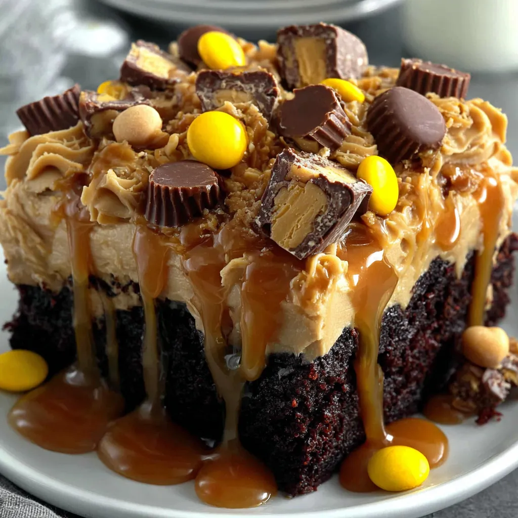 A chocolate peanut butter poke cake with chocolate and peanut butter toppings.