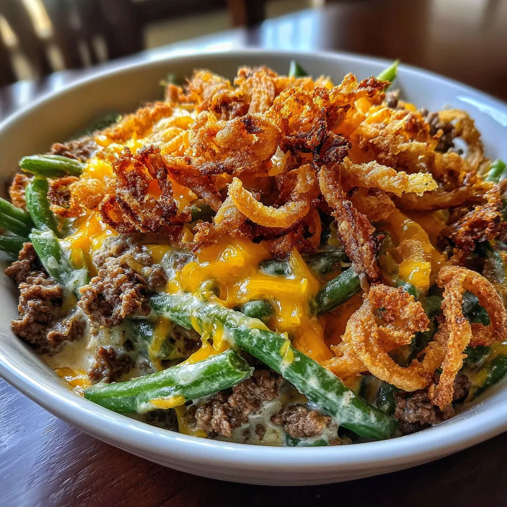 A plate of food with a cheesy hamburger and green beans.