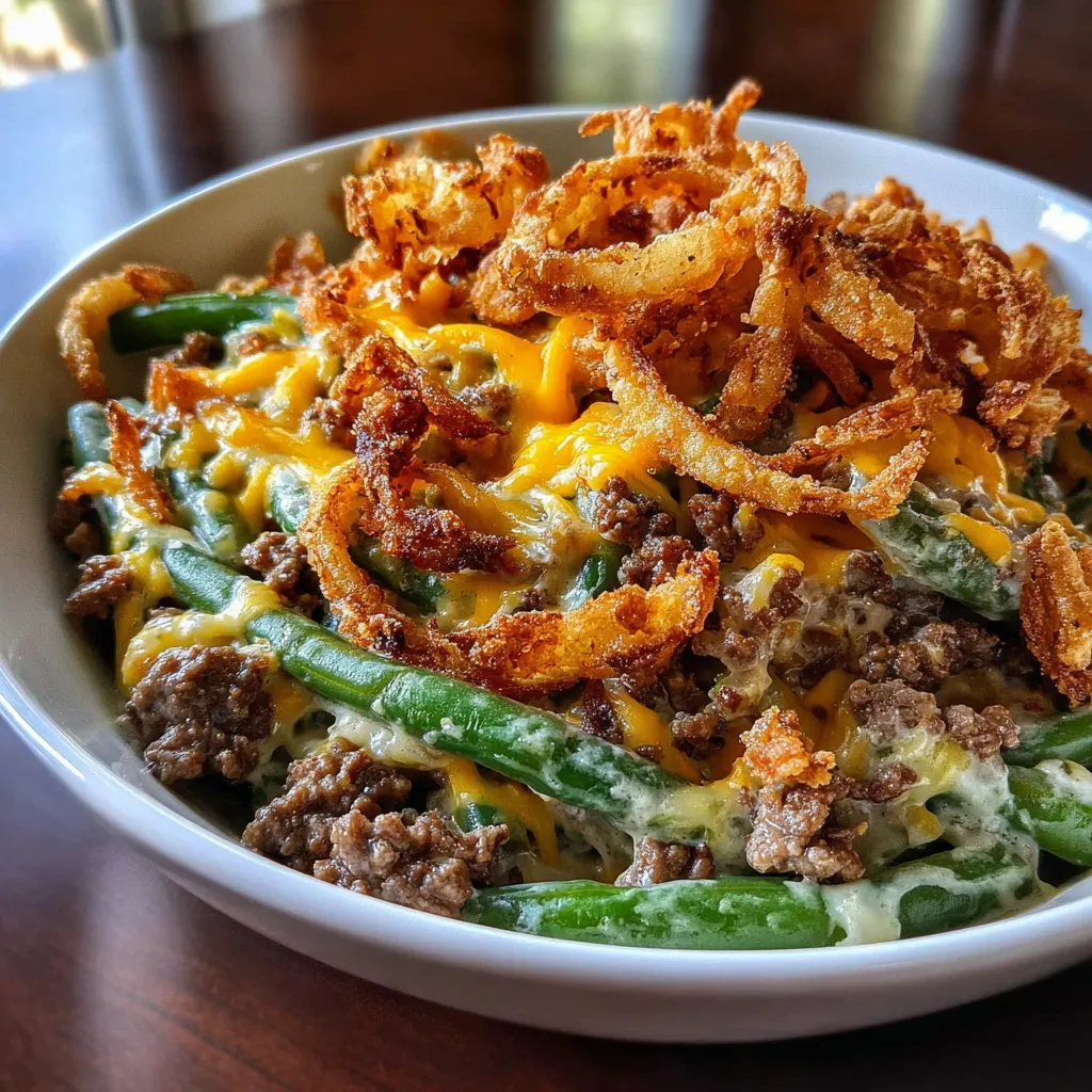 A plate of food with a cheesy hamburger and green beans.