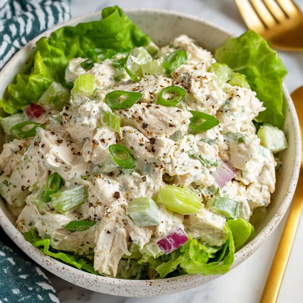 A bowl of chicken salad with lettuce and spices.