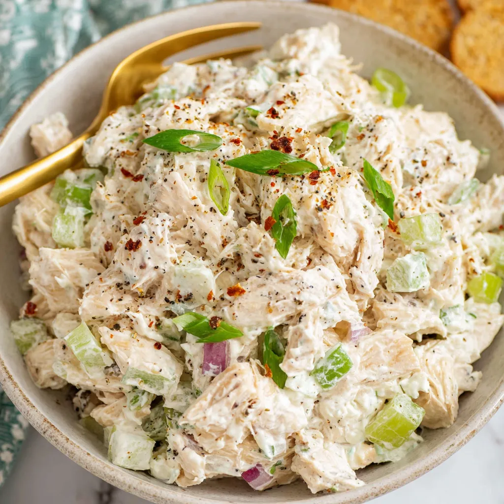A bowl of chicken salad with green onions.