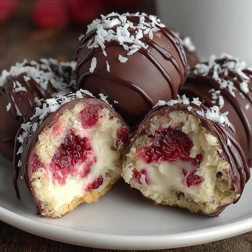 Raspberry cheesecake truffles on a plate.