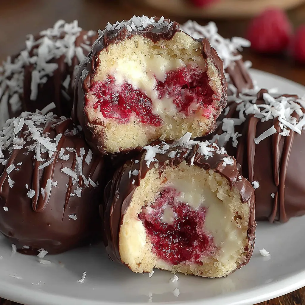 A plate of chocolate covered raspberry cheesecake truffles.