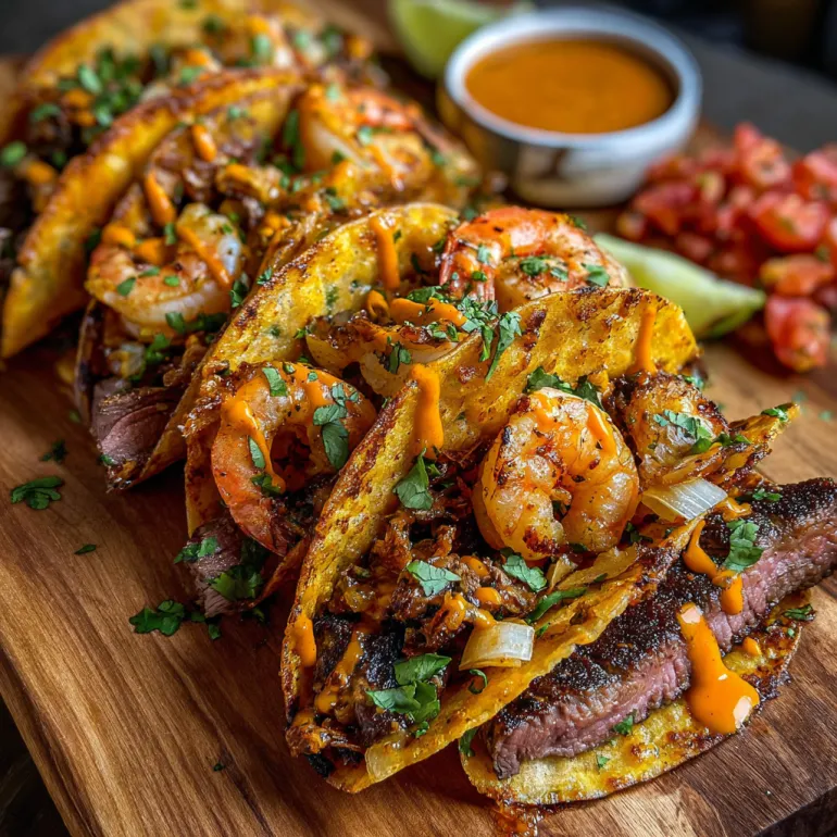 A plate of shrimp and steak tacos.