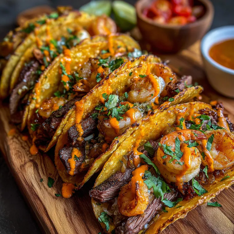 A plate of shrimp and steak tacos.