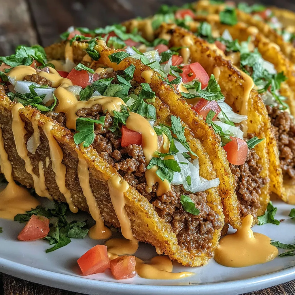A plate of beef tacos with a creamy spicy sauce.