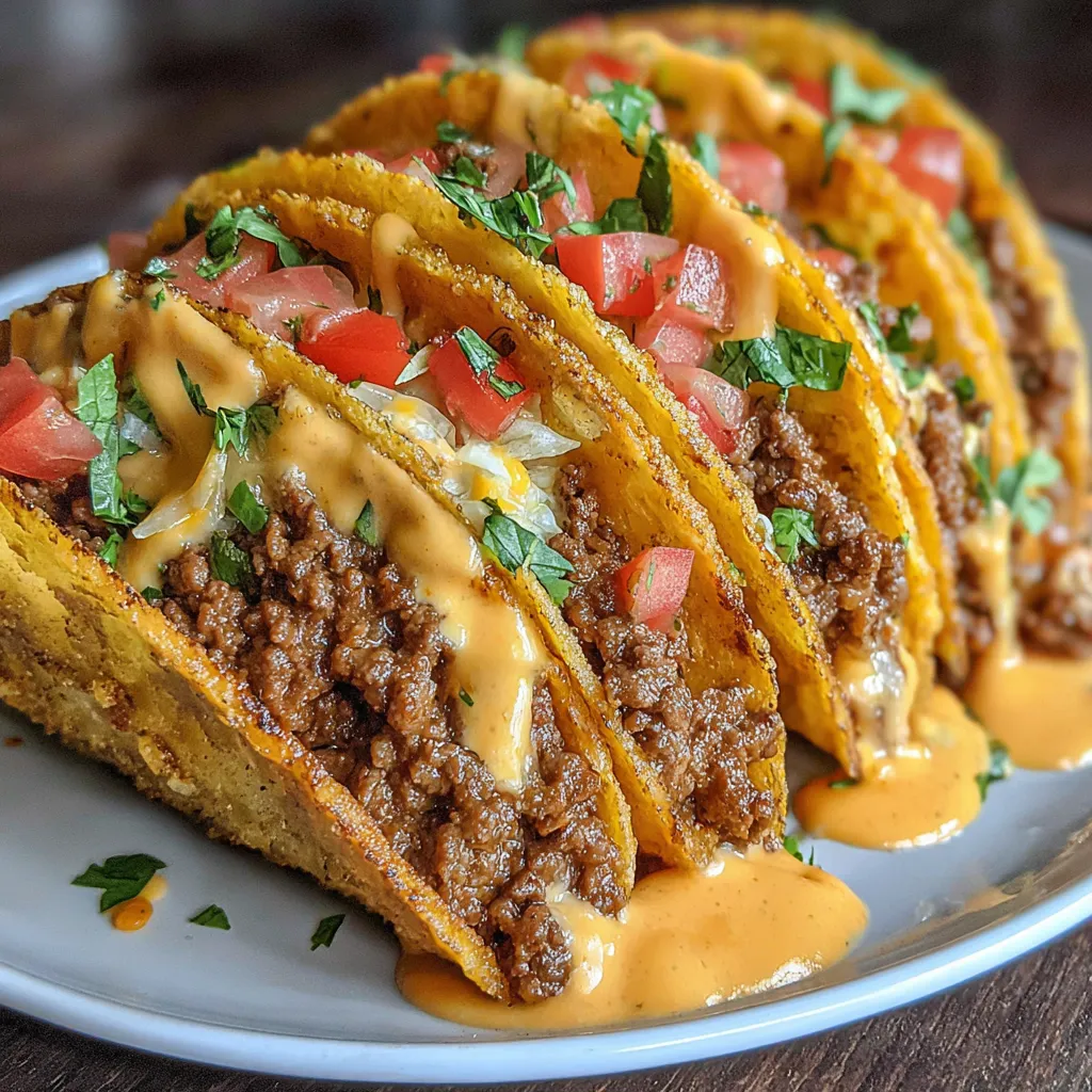 Two cheesy beef tacos with a creamy spicy sauce.