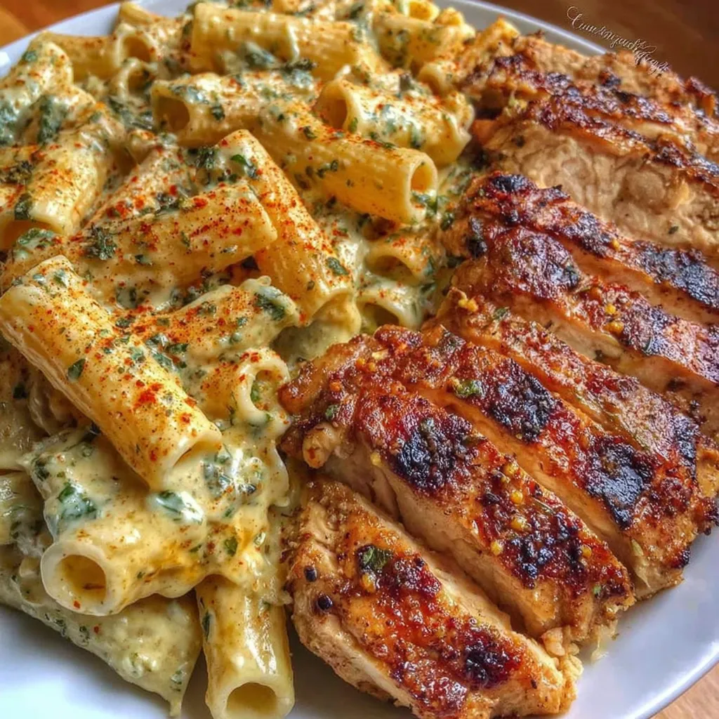A plate of food with chicken and pasta.