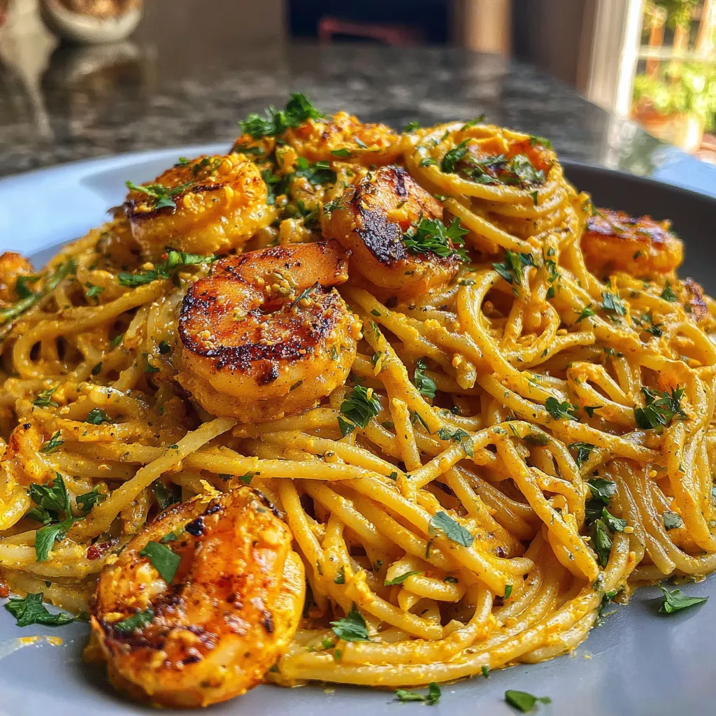 A plate of pasta with shrimp on top.