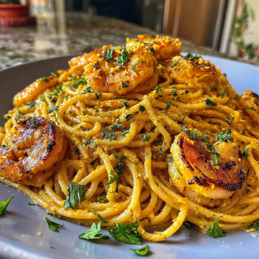 A plate of spaghetti with shrimp on top.