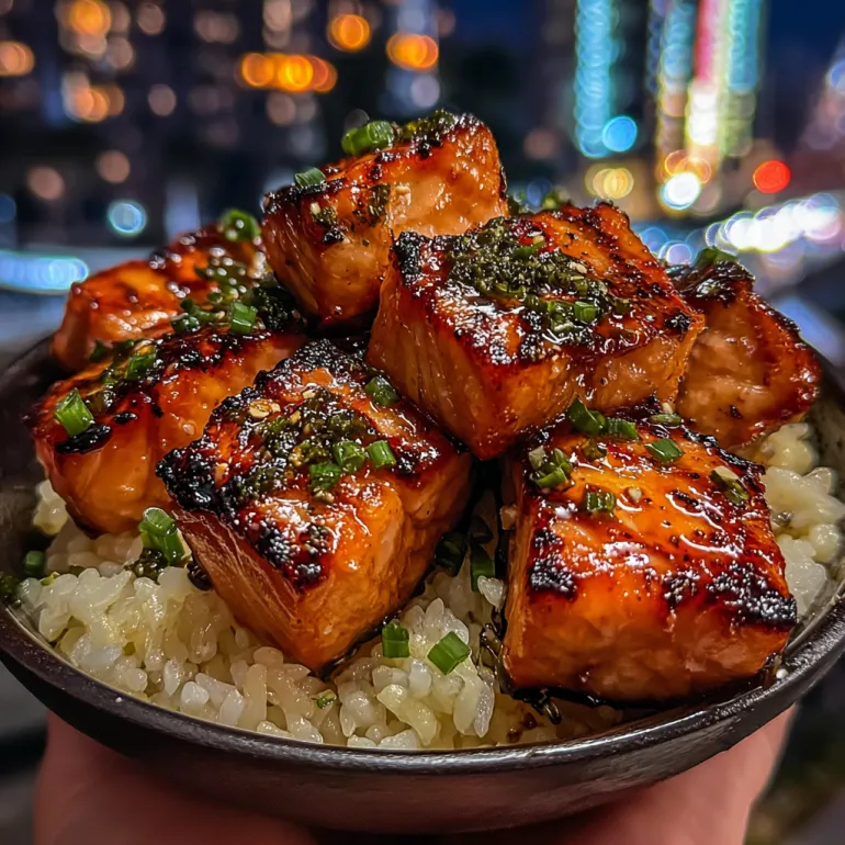 A bowl of salmon cubes with rice and lemon.