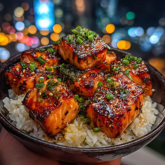 A plate of food with salmon cubes and rice.