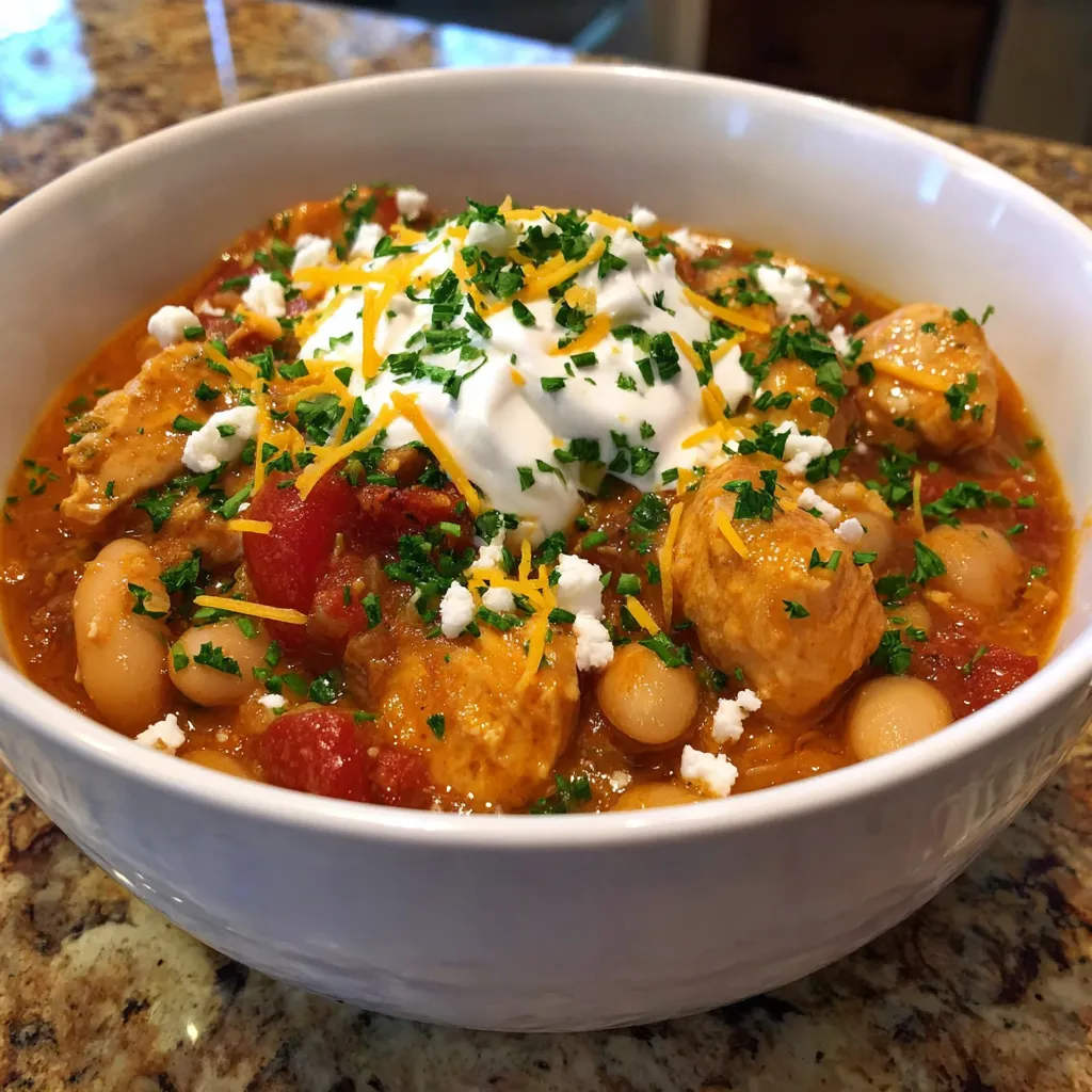 A bowl of slow cooker buffalo chicken chili.