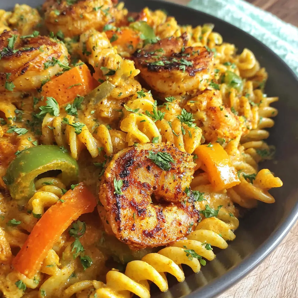 A bowl of jerk shrimp pasta.