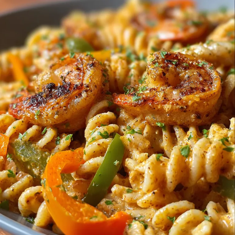 A plate of jerk shrimp pasta.