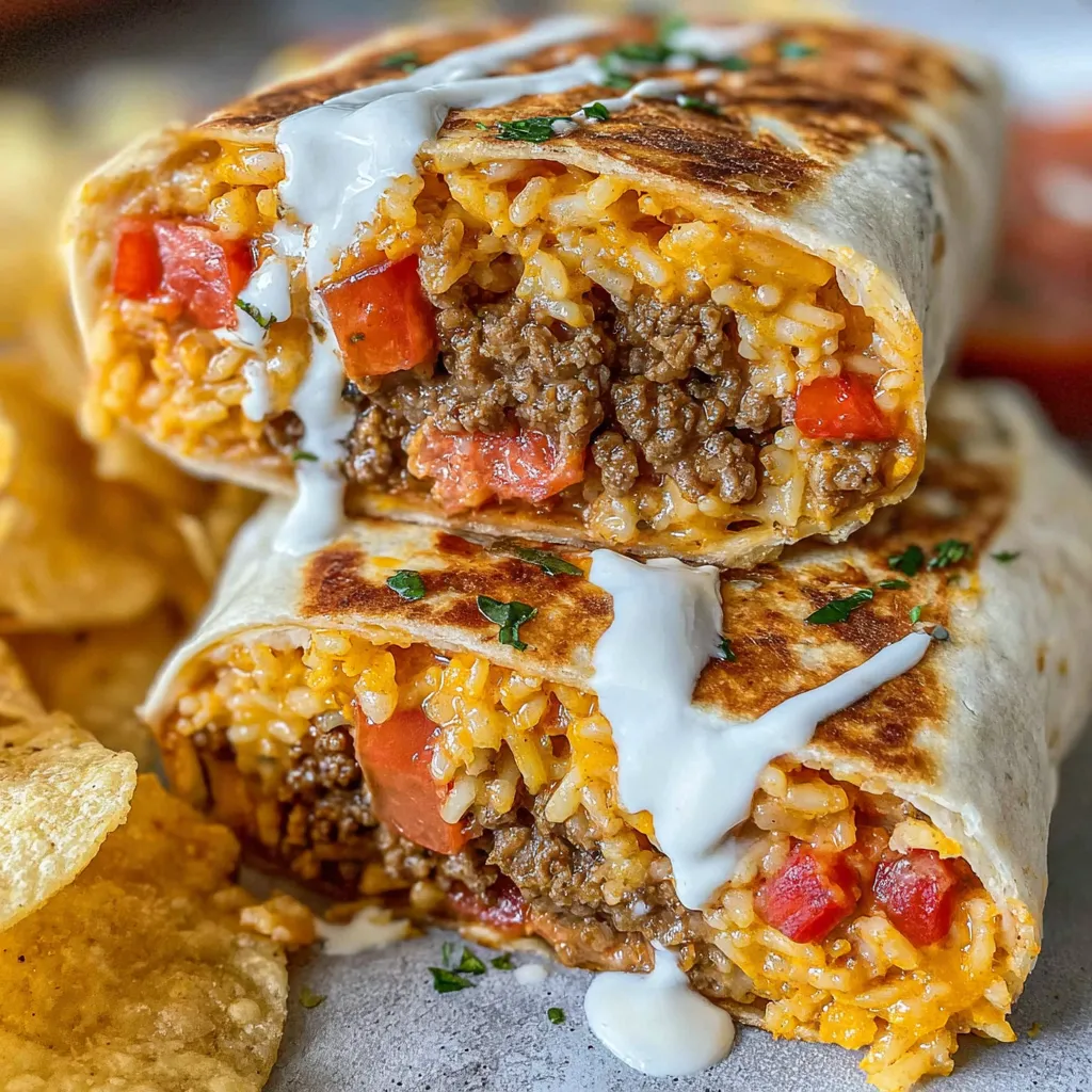 A grilled cheese burrito with rice and tomatoes.