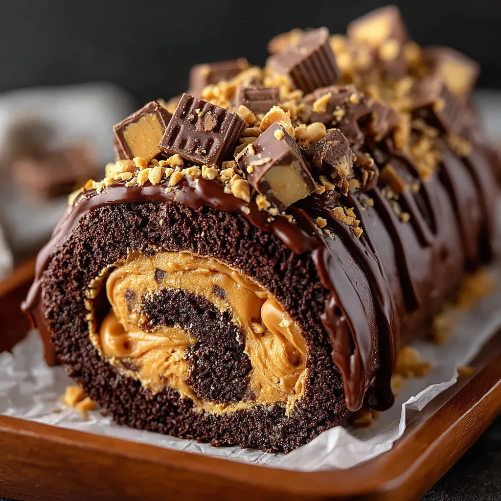 A chocolate roll with peanut butter and nuts on top.