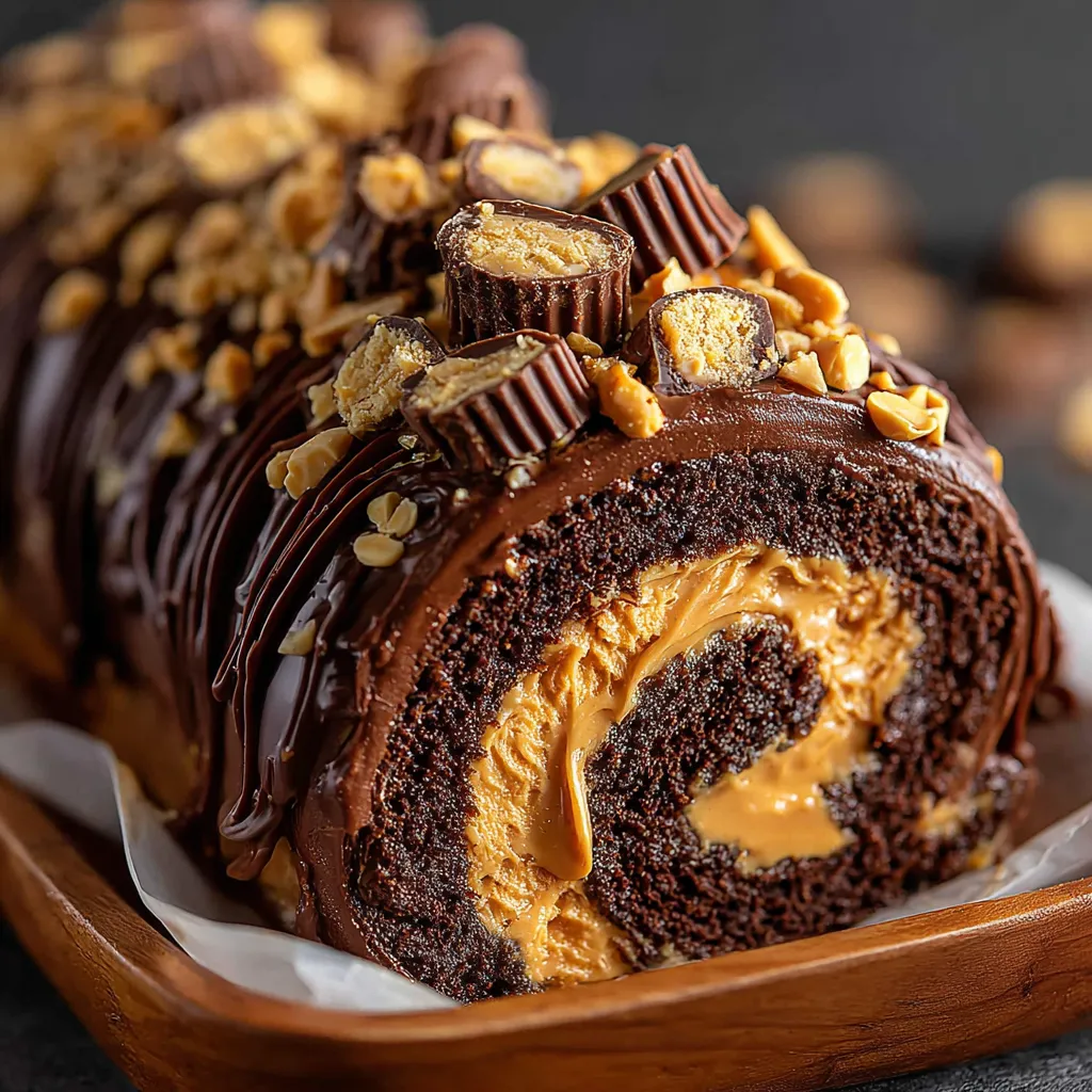 A chocolate roll with peanut butter and nuts on top.