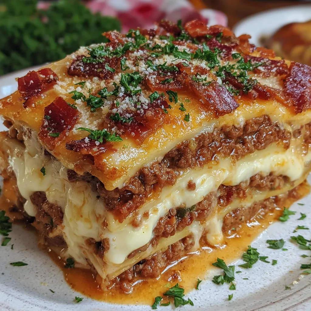 A close up of a Parmesan Garlic Bacon Cheeseburger Lasagna.