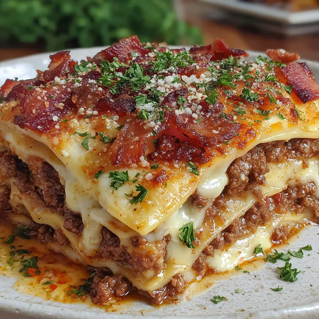 A plate of Parmesan Garlic Bacon Cheeseburger Lasagna.