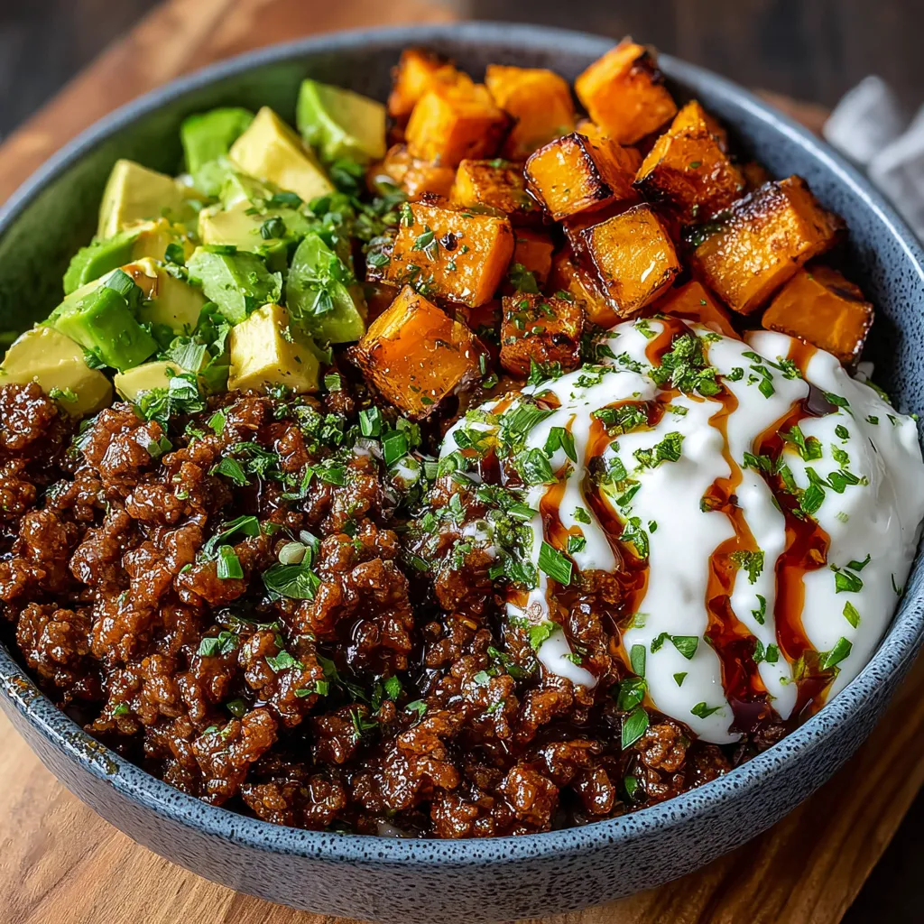 A bowl of food with meat, avocado, and cheese.