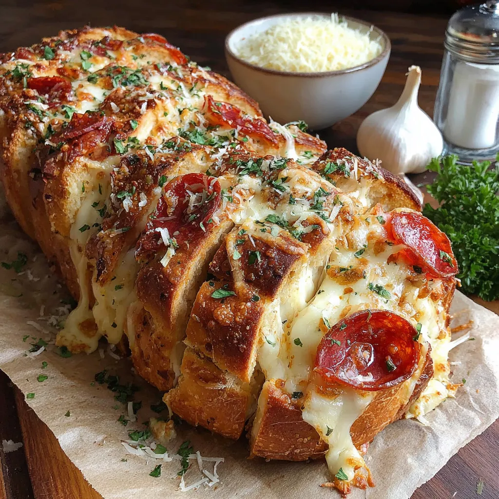 A triple cheese pepperoni pull-apart pizza bread.