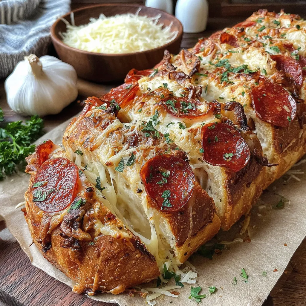 A triple cheese pepperoni pull-apart pizza bread.
