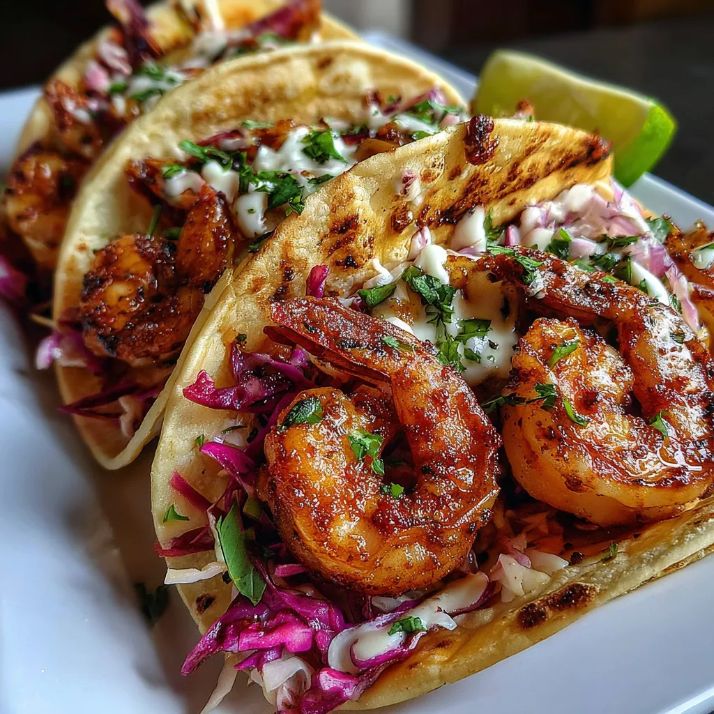 A plate of smoky chipotle shrimp tacos with creamy sauce.