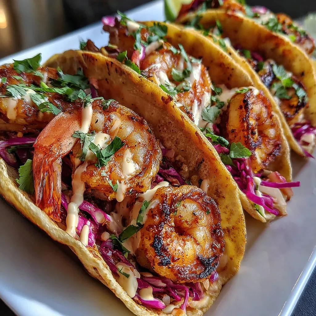 A plate of smoky chipotle shrimp tacos with creamy sauce.