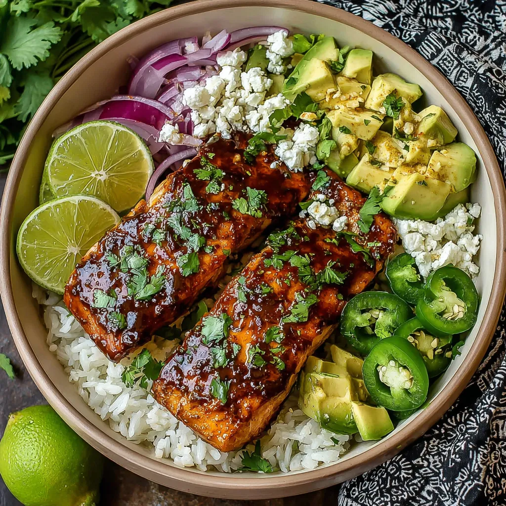 A bowl of food with salmon, rice, and vegetables.