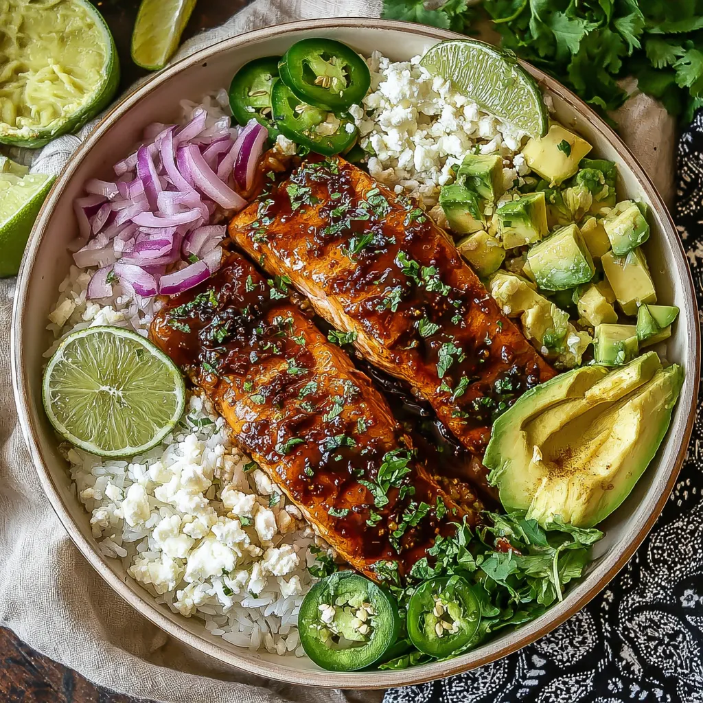 A bowl of food with salmon, rice, and avocado.
