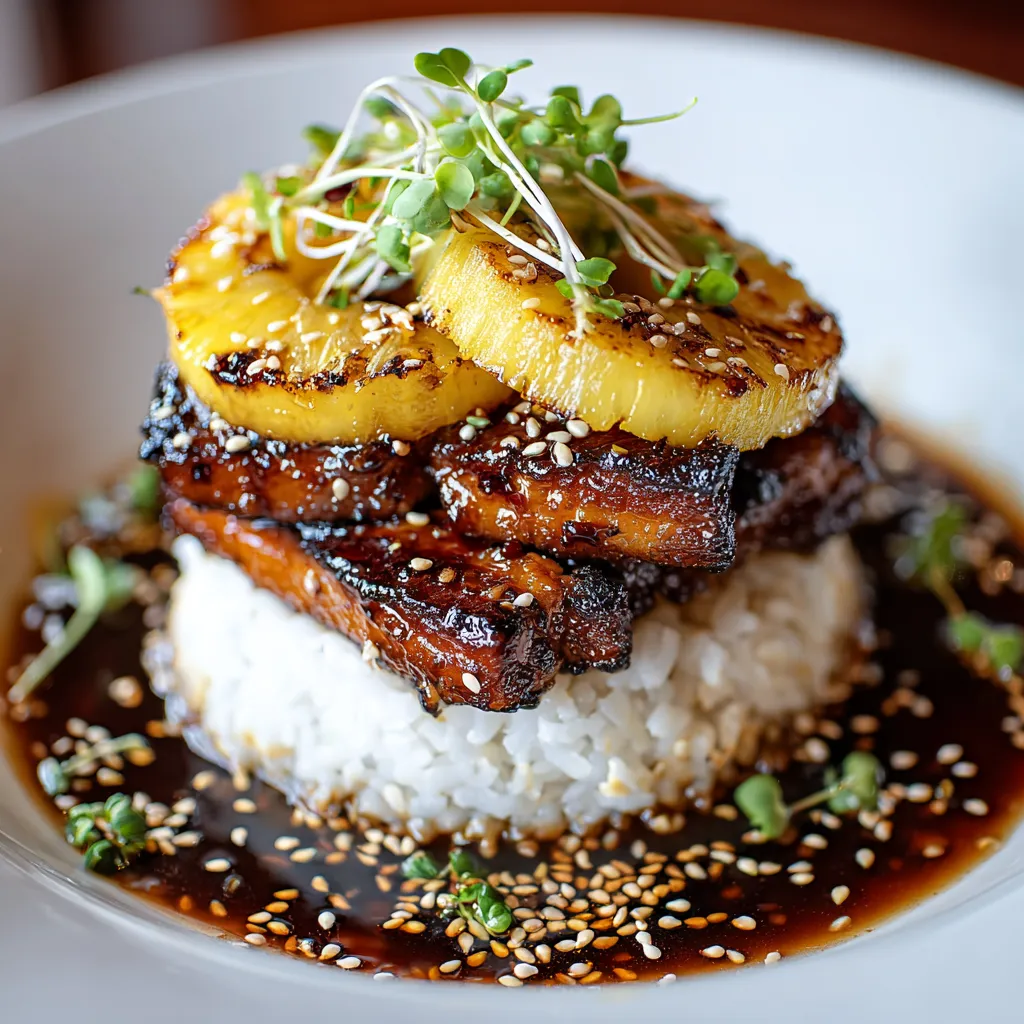 A plate of food with a pineapple on top.