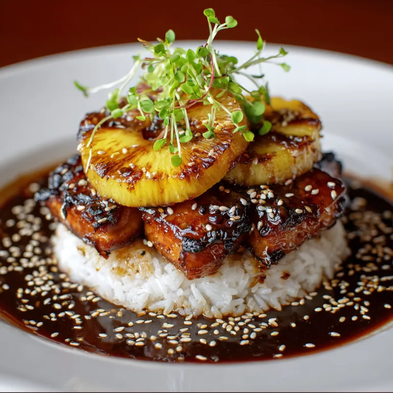 A plate of food with a pineapple on top.