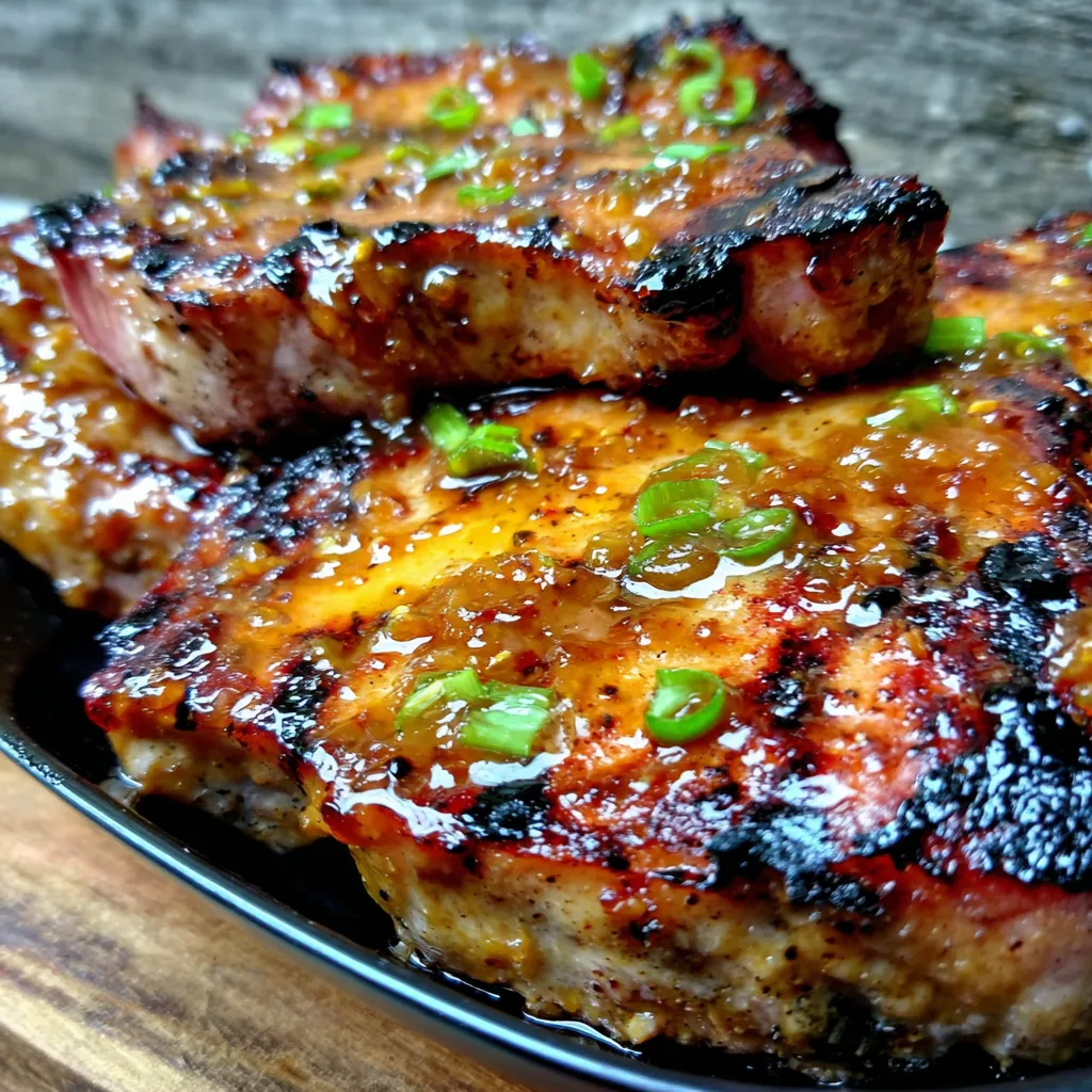 Grilled pork chops with peach glaze.
