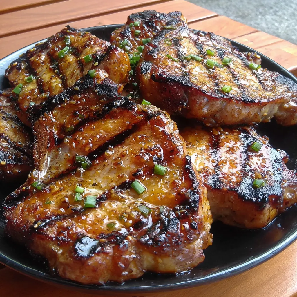 Grilled pork chops with peach glaze.
