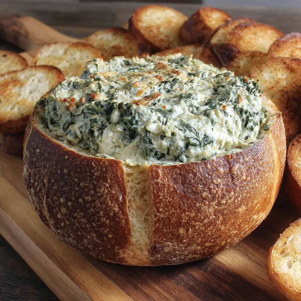 A spinach dip in a bread bowl.